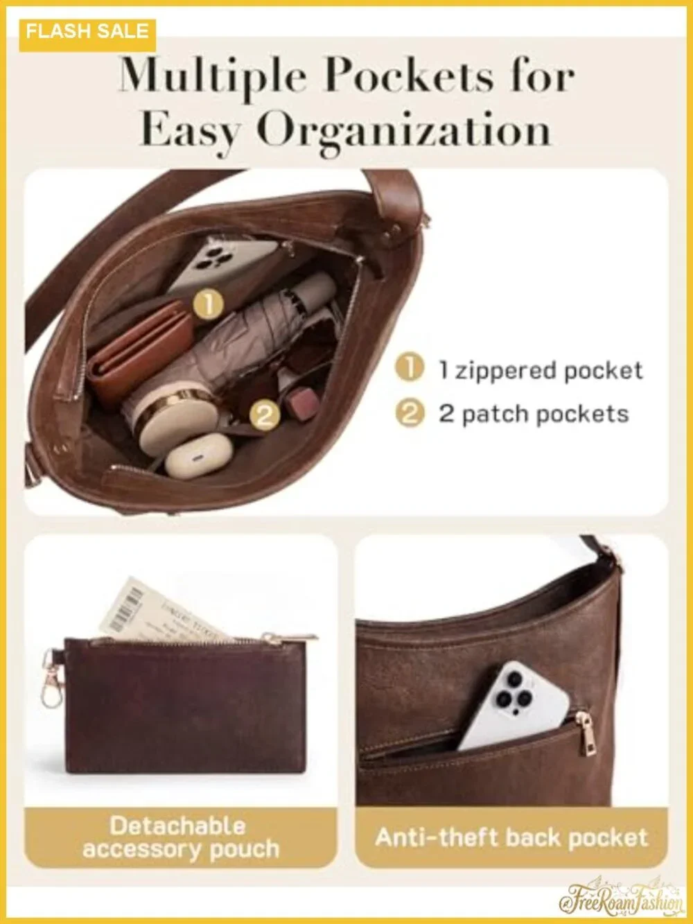Vegan Leather Hobo Bag Multi-Pocket Crossbody with Adjustable Strap